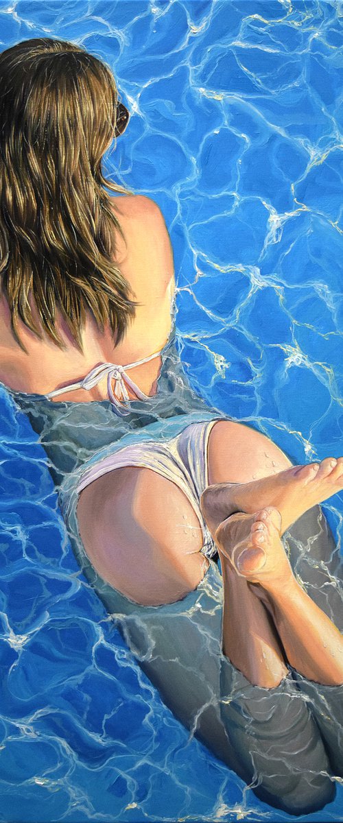 "My sweet august" -  100 x 60 cm / woman in pool, photorealism, water, summer, realistic, swimmer by Elena Adele Dmitrenko