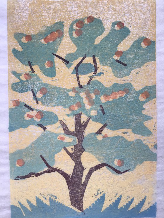 Orange Tree Woodcut on Yellow