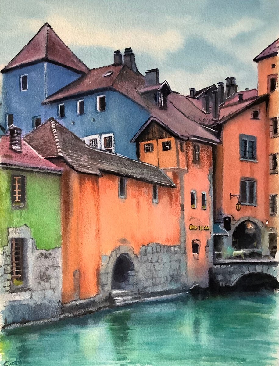 Photorealistic Cityscapes Watercolour By Darren Carey, 11 X 15, Annecy, France, Original Artwork