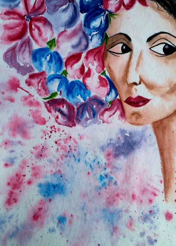 Flower Head Painting Woman Original Art Female Portrait Watercolor Flower Hat Artwork Floral Lady Wall Art 12 by 17" by Halyna Kirichenko