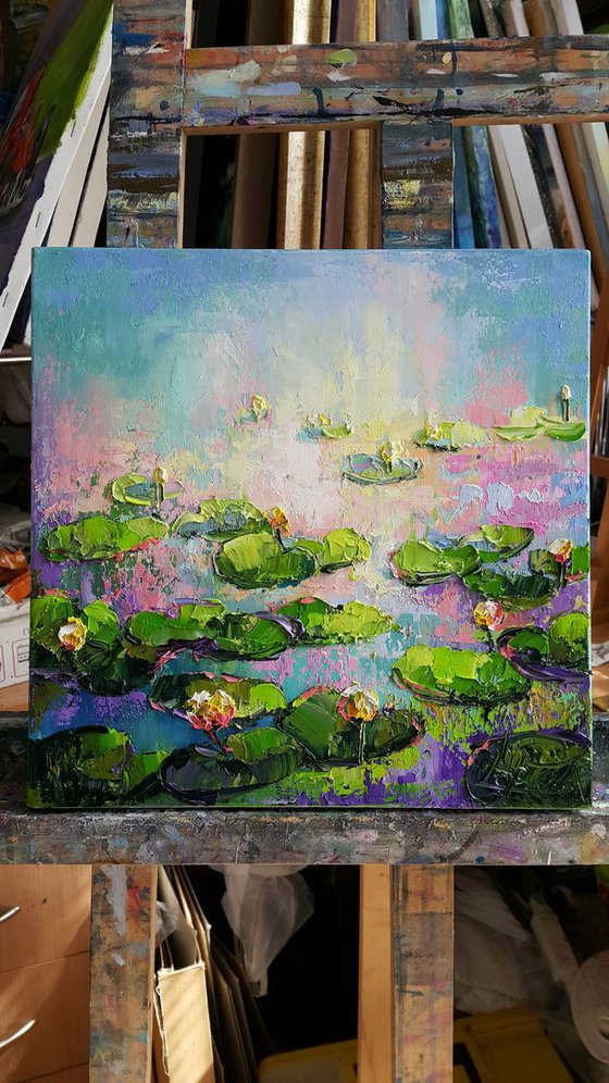 Water lilies at sunset - painting original oil, canvas