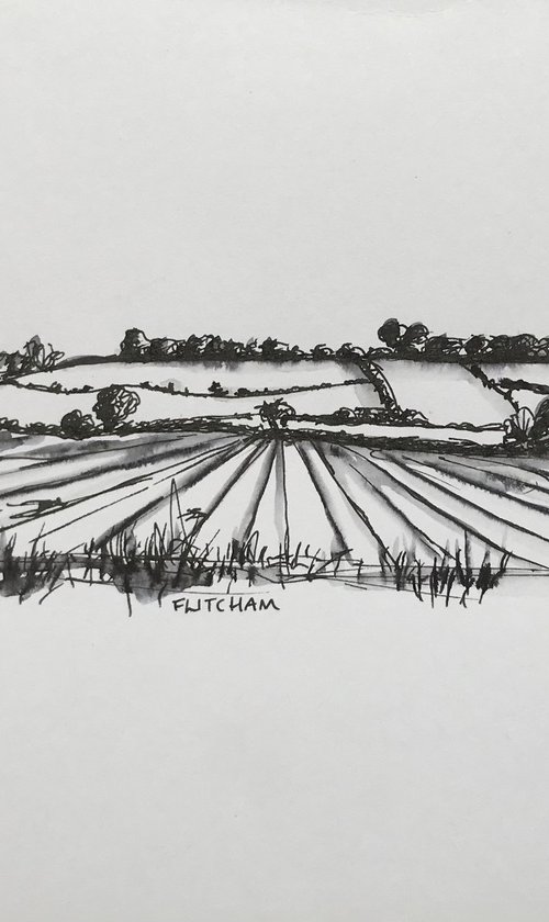 Autumn scene Norfolk Countryside Landscape Drawing in Pen and Ink - Traditional English Landscape by Catherine Winget