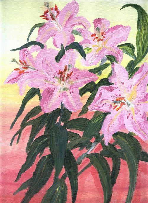 lilies on pink and yellow ground by Sandra Fisher