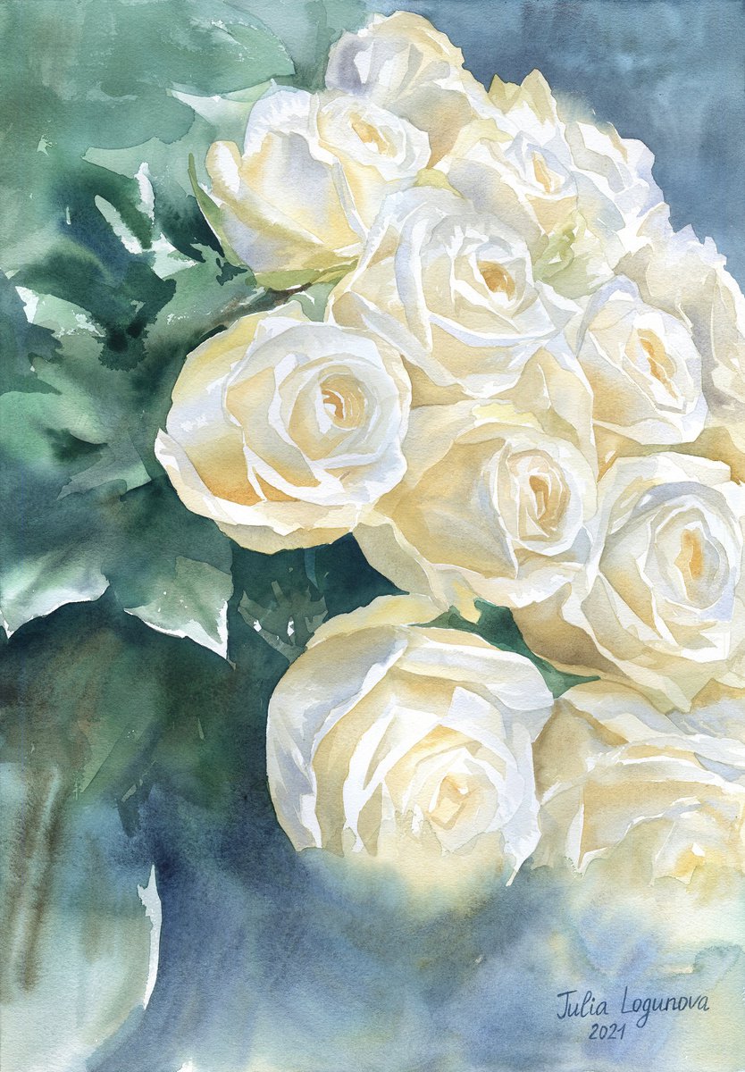 White Roses Bouquet Gift for her Watercolor Painting by Julia Logunova