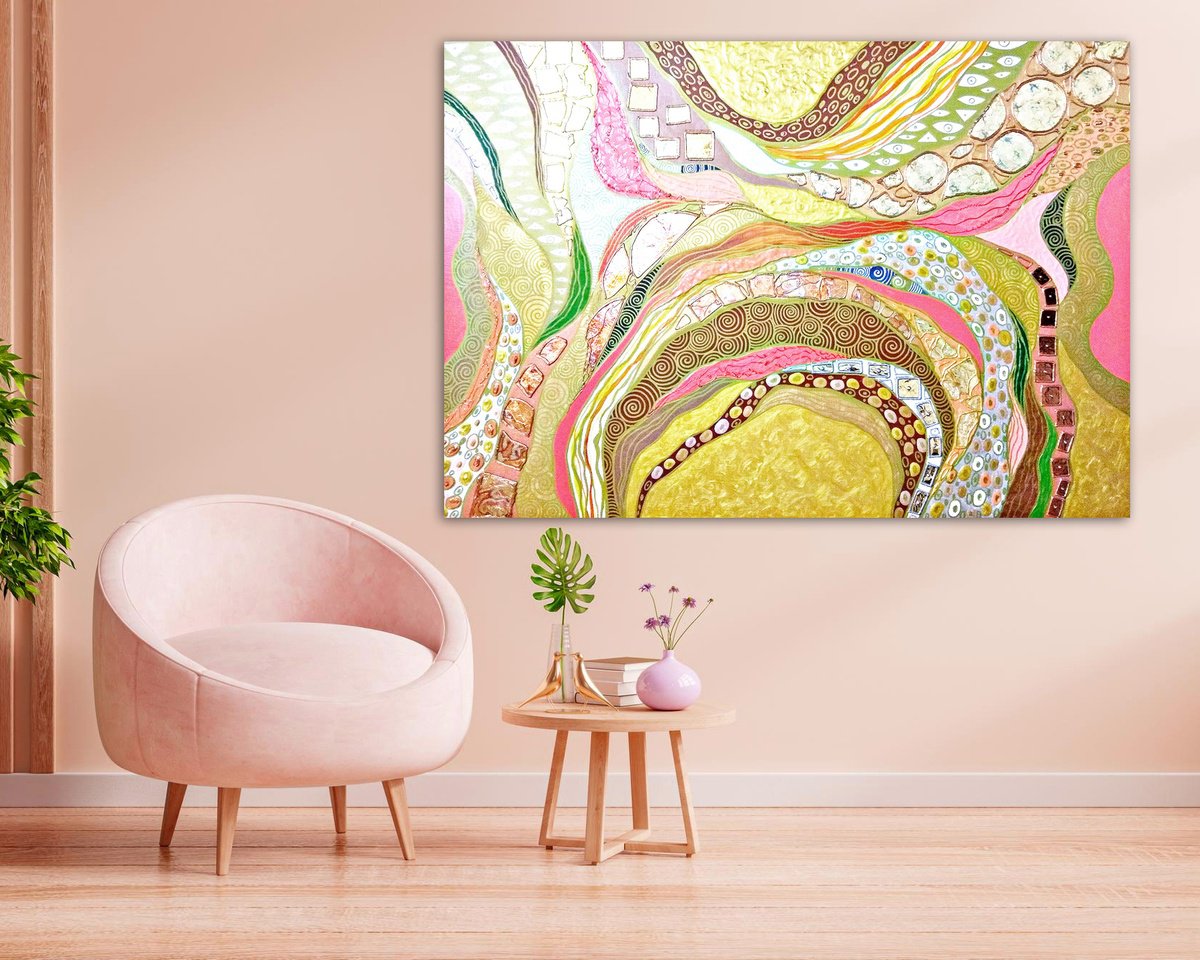 Coral sunset - Relief pink and gold large abstract painting by BAST