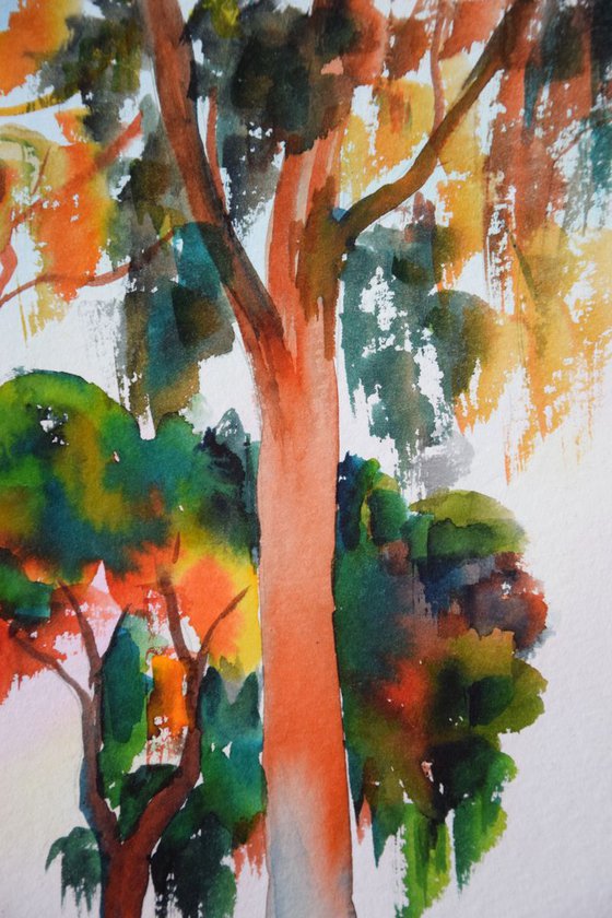 Sunset trees landscape original watercolor painting, Green and orange sunny forest