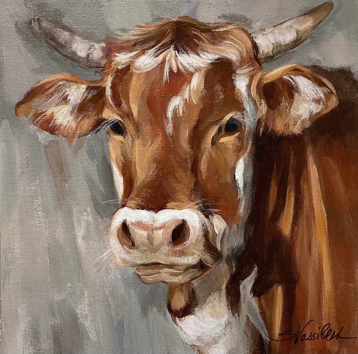 Impressionistic Animal Acrylic Painting By Silvia Vassileva, 15 X 15", Brown Cow, Original Artwork