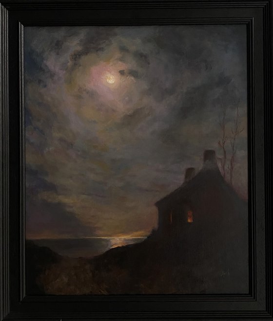 Tonalist Oil painting Landscape with Moon and Cottage, Framed.