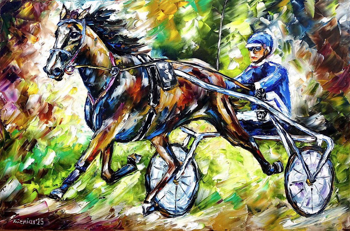 Expressive Animal Oil Painting By Mirek Kuzniar, 24 X 16", Harness Racing, Original Artwork