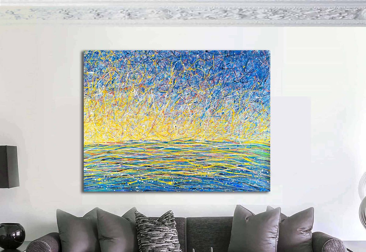 Soft colors Gentle sunrise Light yellow and blue Abstract painting in Pollock style by Nadins ART