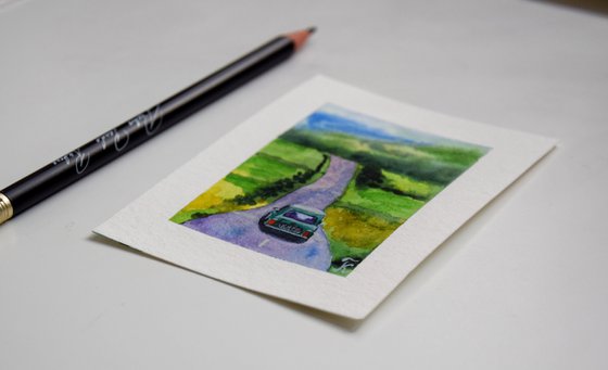Miniature watercolor painting, Mini Cooper car on road tiny original art