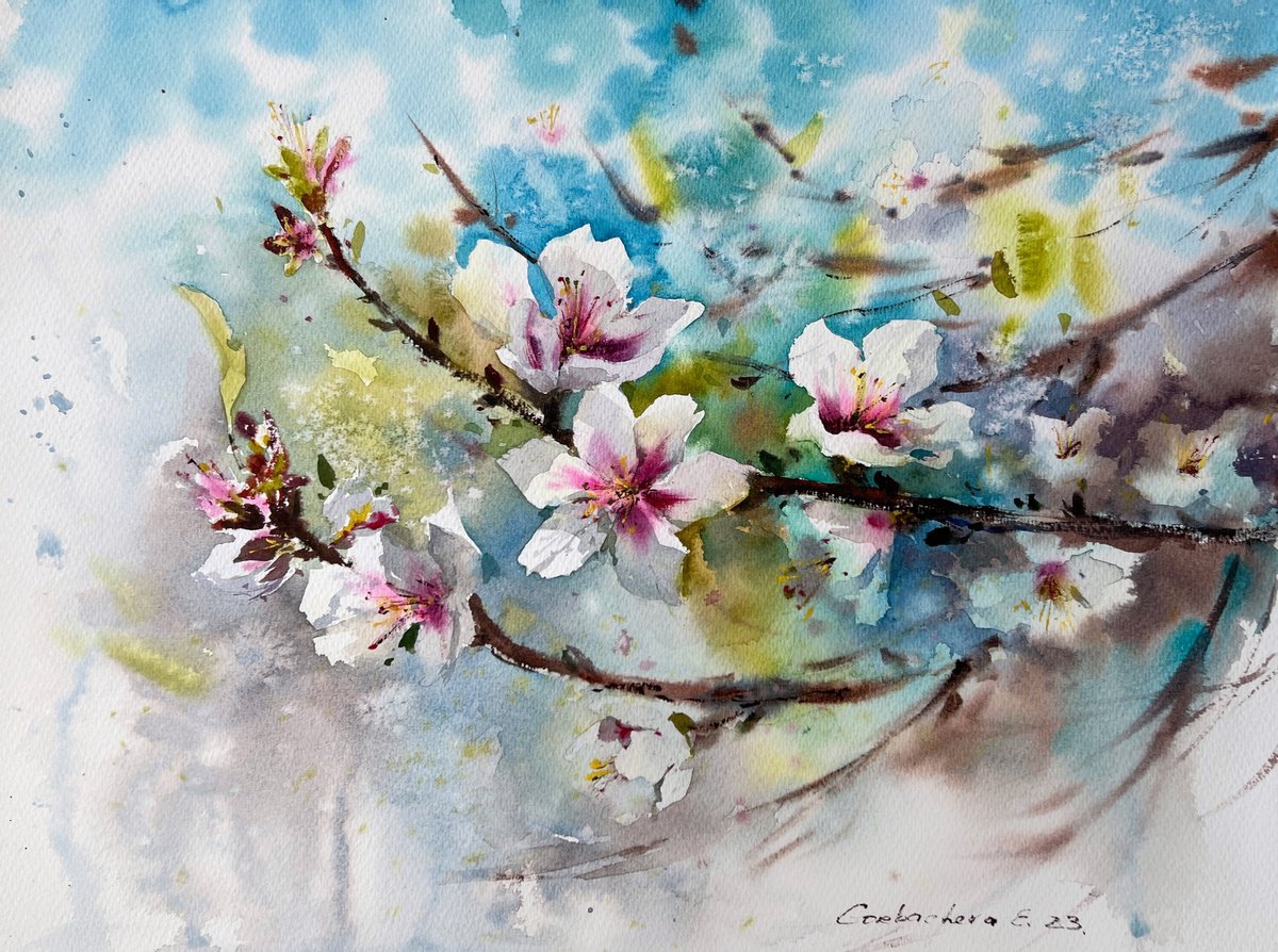 Impressionistic Botanical Watercolour By Eugenia Gorbacheva, 16 X 12, Almond Flowers #6, Original Artwork