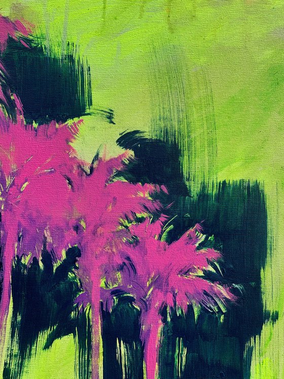 Yellow&Blue artwork - "Pink night" - Pop Art - Florida - California - Palms - Street Art - Expressionism - Sunset