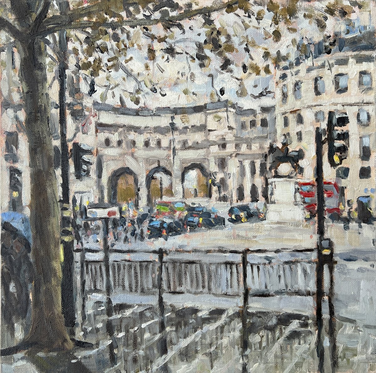 Impressionistic Cityscapes Oil Painting By Louise Gillard, 12 X 12", Admiralty Arch From Trafalgar Square, Original Artwork