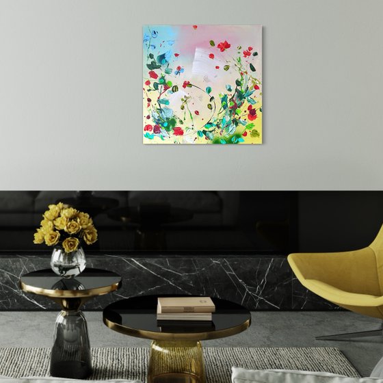 Structure impasto acrylic painting with abstract flowers 60x60cm "Silent Bloom"