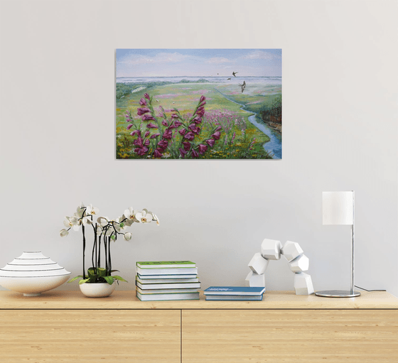 Summer landscape blooming meadow with pink gladioli-three-dimensional flowers in an acrylic painting-wildflowers, river, forest, swallows-60x40x2 cm