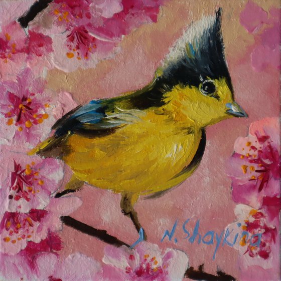 Bird painting original, Miniature painting 4x4 in, 10x10 cm, Xmas Gift for Mom, Happiness painting