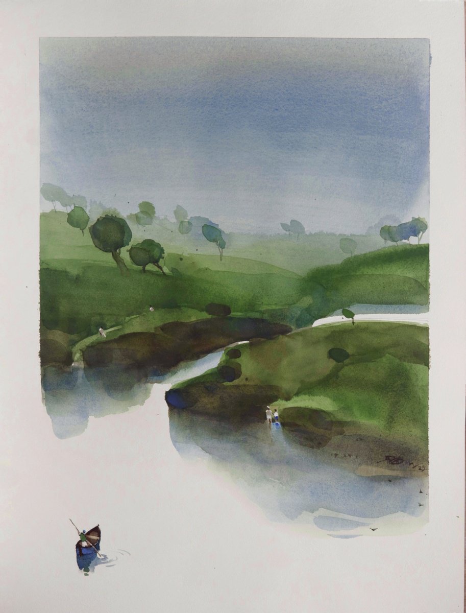 Impressionistic Landscape Watercolour By Prashant Prabhu, 18 X 24", Row In, In The Greens, Original Artwork