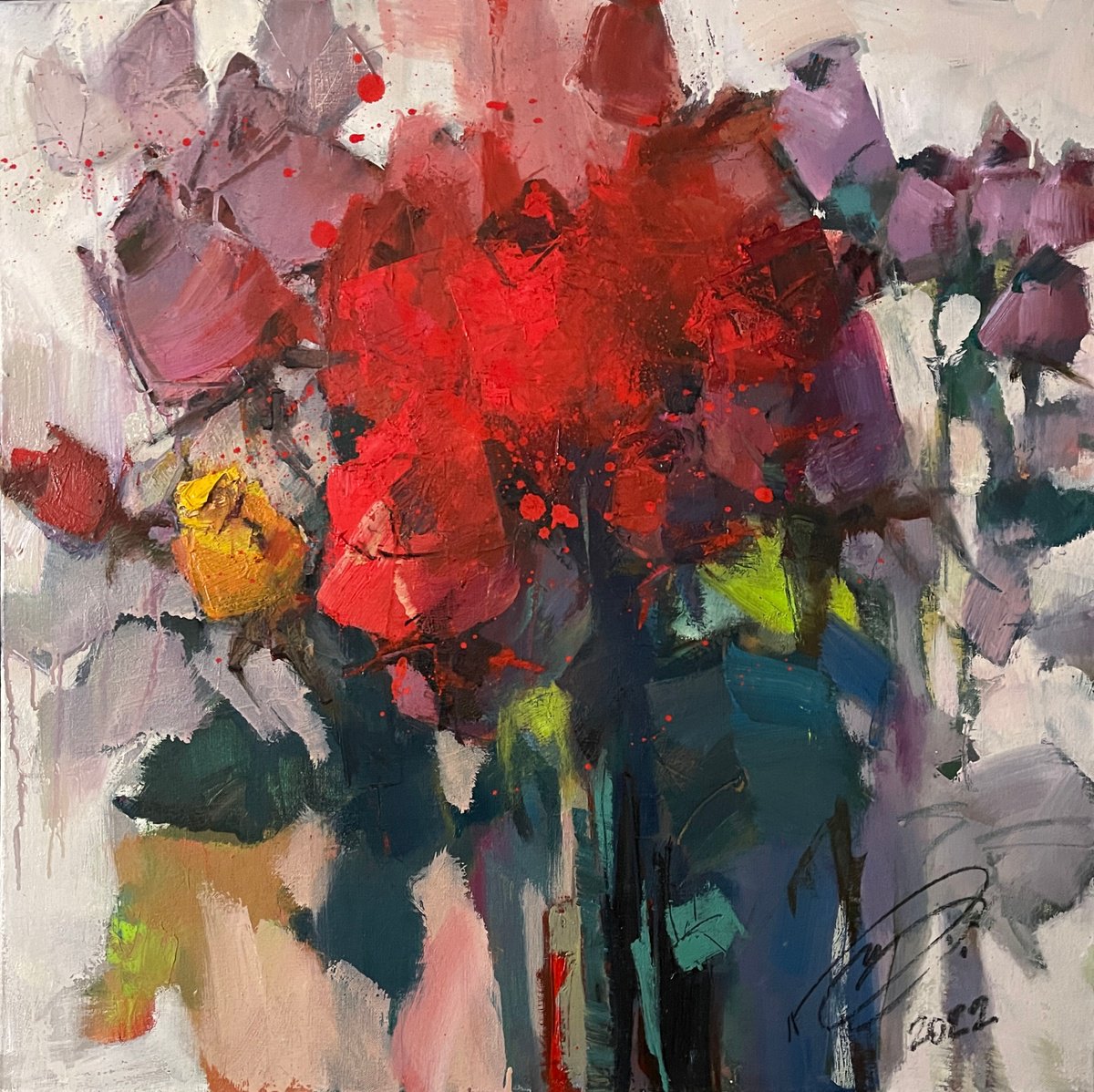 Expressive Botanical Oil Painting By Igor Yuryev, 28 X 28, Festive Bouquet., Original Artwork