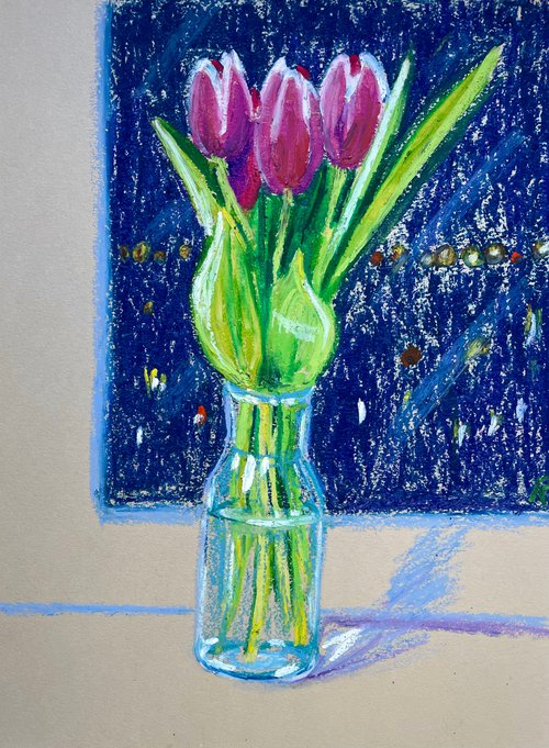 Tulips Original Painting, Oil Pastel Painting, Pink Flowers Drawing, Floral Wall Art, Gift for Her by Kate Grishakova