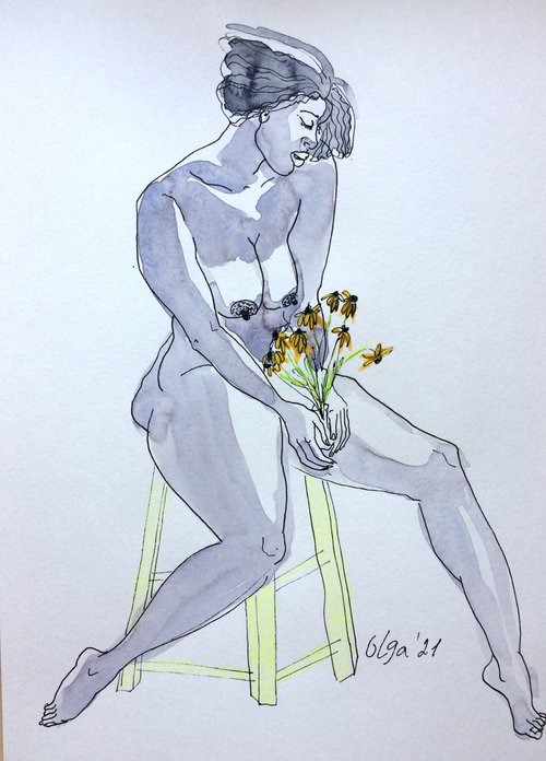 Female nude drawing - Seated nude woman with flowers - Original sensual watercolor - Figure study mixed media (2021) by Olga Ivanova