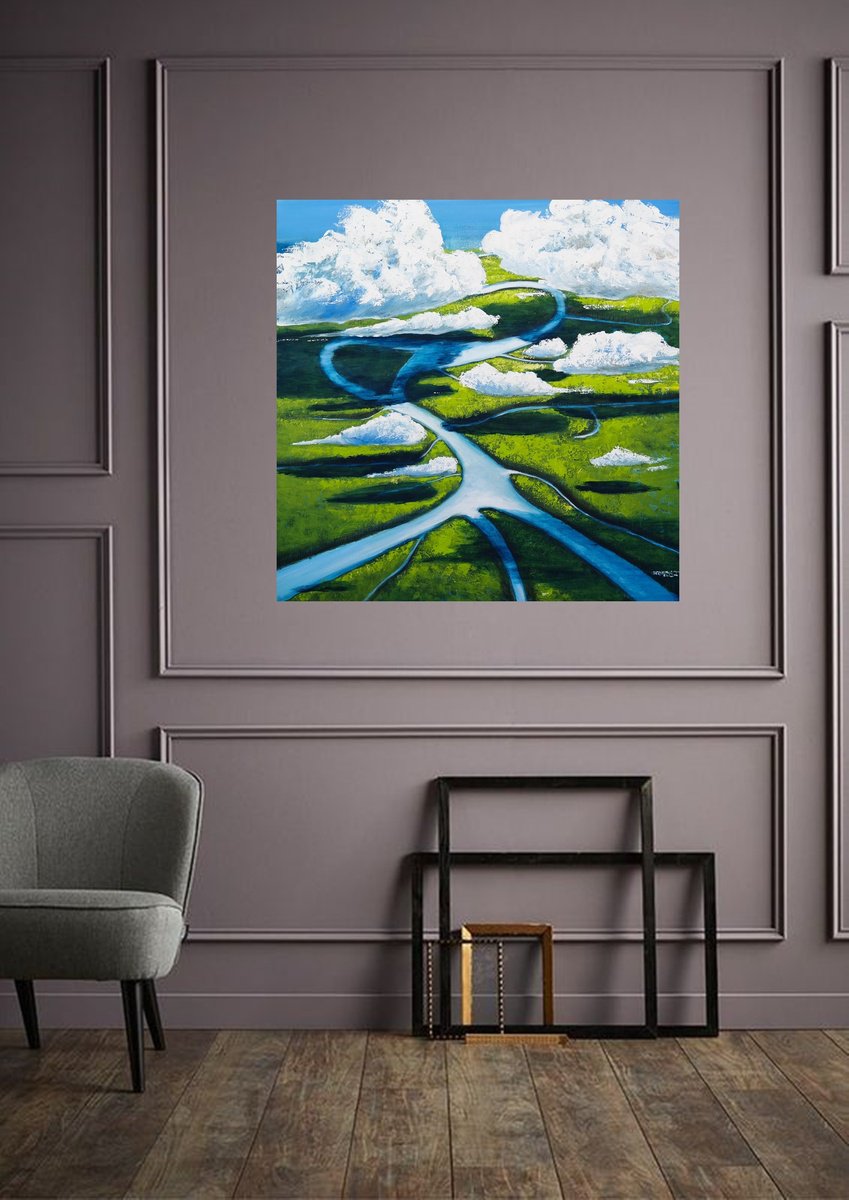 Impressionistic Landscape Acrylic Painting By Danijela Dan, 31 X 31, Above Clouds, Original Artwork