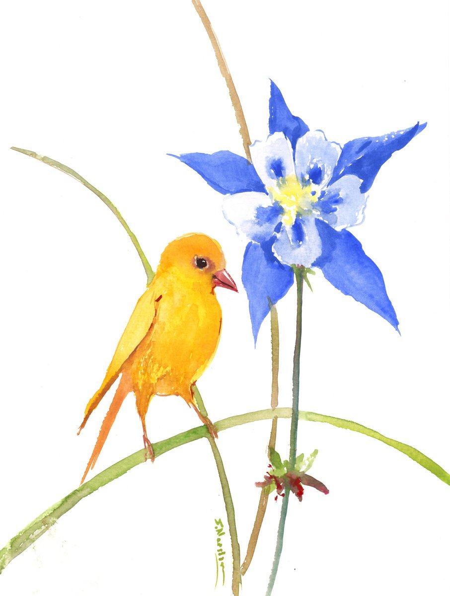 small canary and big blue flower by Suren Nersisyan