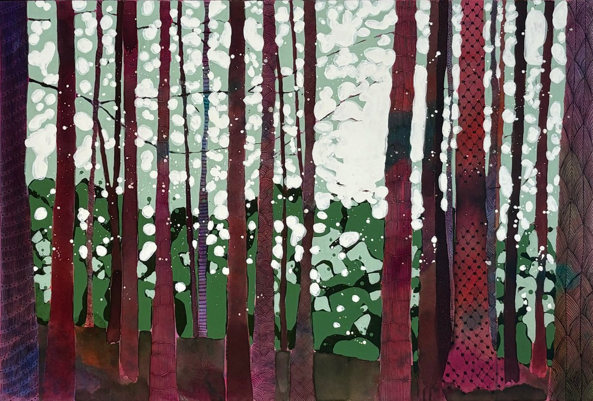 Organic Landscape Acrylic Painting By Maria Al Zoubi, 48 X 31", Inked Forest Ii, Original Artwork