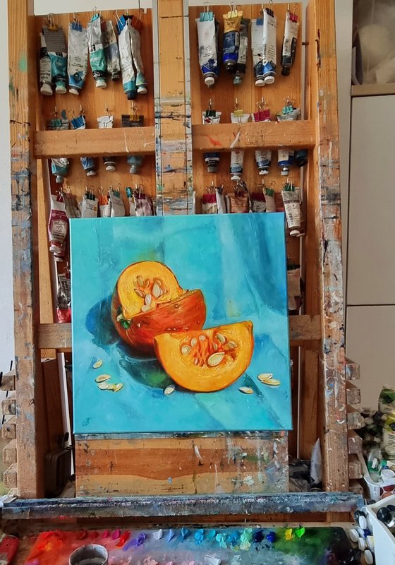 "Solar pumpkin. " still life  liGHt original painting PALETTE KNIFE  GIFT (2022)