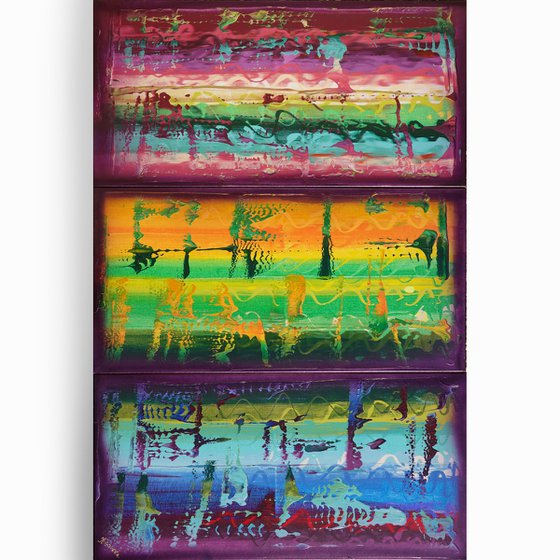 Rainbow A841 Large abstract paintings Palette knife 100x150x2 cm set of 3 original abstract acrylic paintings on stretched canvas