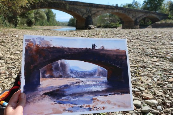 Watercolor painting. Bridge with history