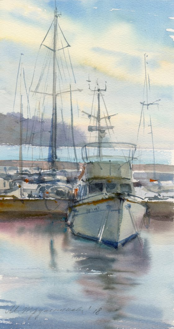 Marina in Sperlonga. Watercolour by Marina Trushnikova. Seascape, Plein air artwork, A4 watercolor.