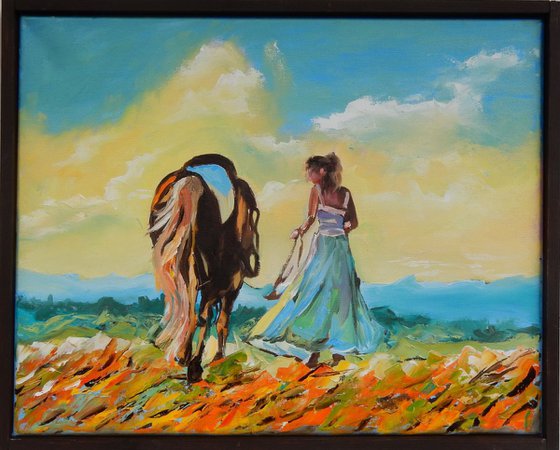Walking with a horse. 50x40cm.