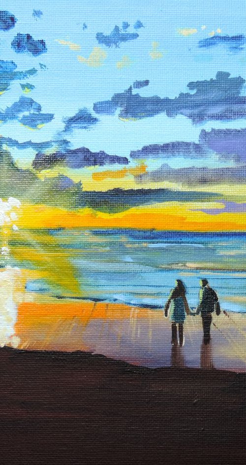 Holding hands at the beach sunset oil painting by Gordon Bruce