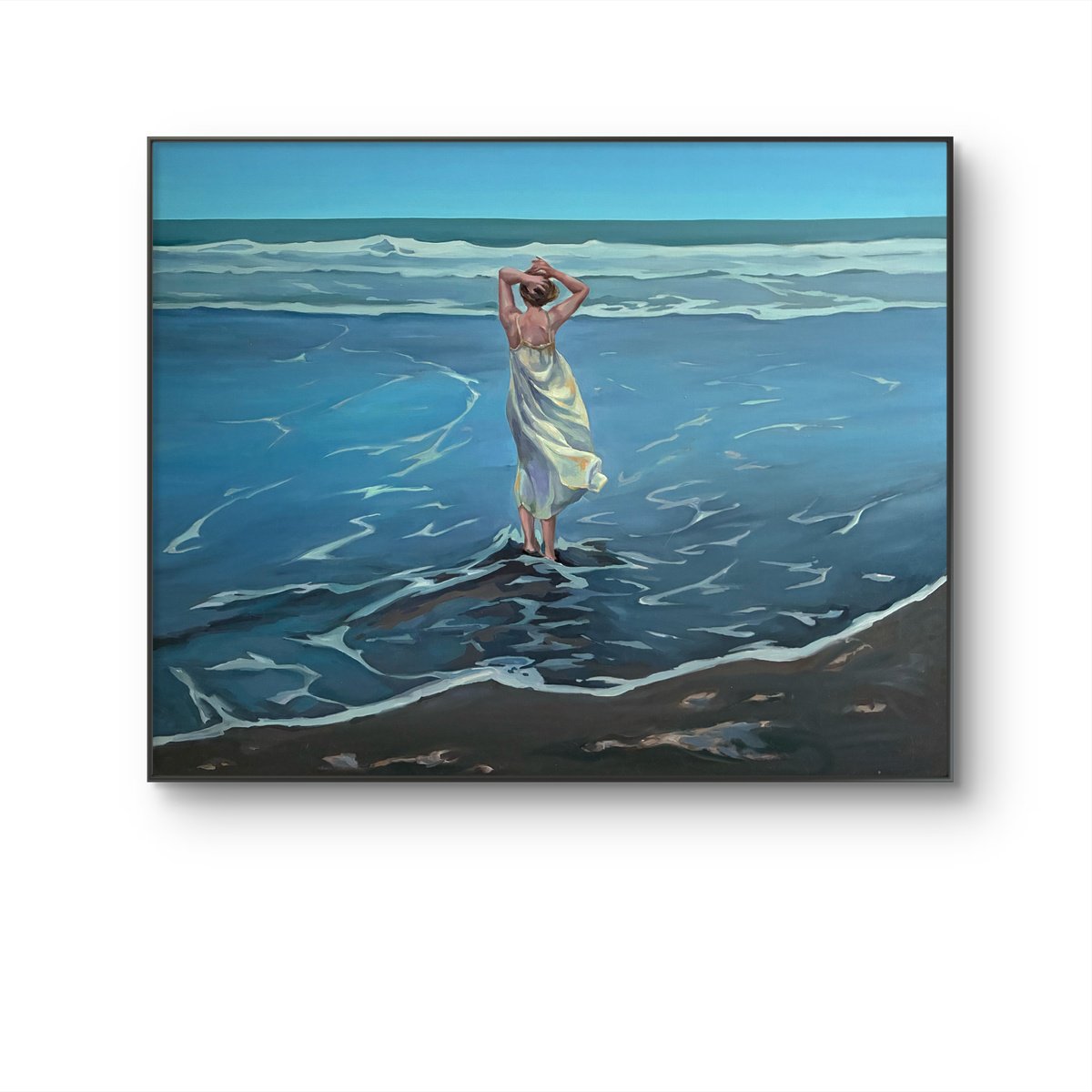 Photorealistic Landscape Oil Painting By Guzel Min, 36 X 28, Ocean.girl In Sundress, Original Artwork