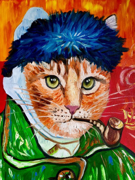Cat La Van Gogh. Version of famous self portrait of Vincent Van Gogh with a pipe and missing ear