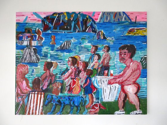 beach scene with blue dog