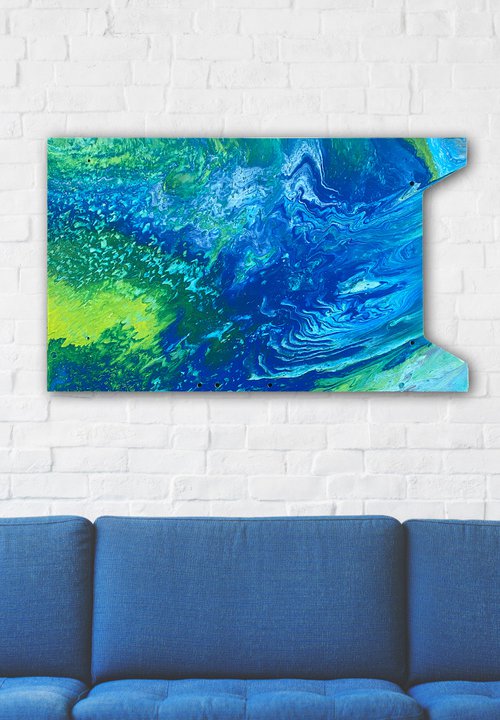 "Atomic Ripple" - Original Abstract PMS Fluid Acrylic Painting on a Recycled Desk Panel - 30 x 18 inches by Preston M. Smith (PMS)