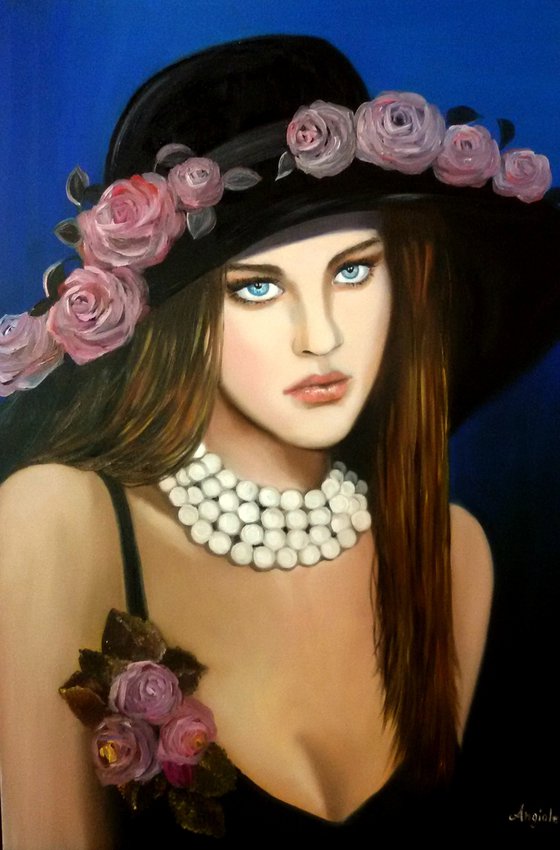 Lady with hat - portrait-oil painting- home decor