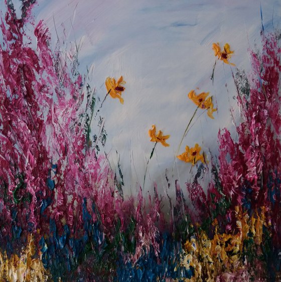 Essence of Summer by Marjory Sime (A floral in oil with thick paint with yellow flowers)