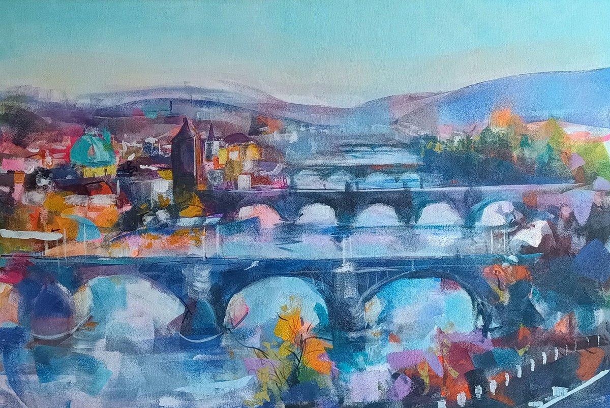 Expressive Cityscapes Acrylic Painting By Marina Del Pozo, 35 X 24", Praga, Original Artwork