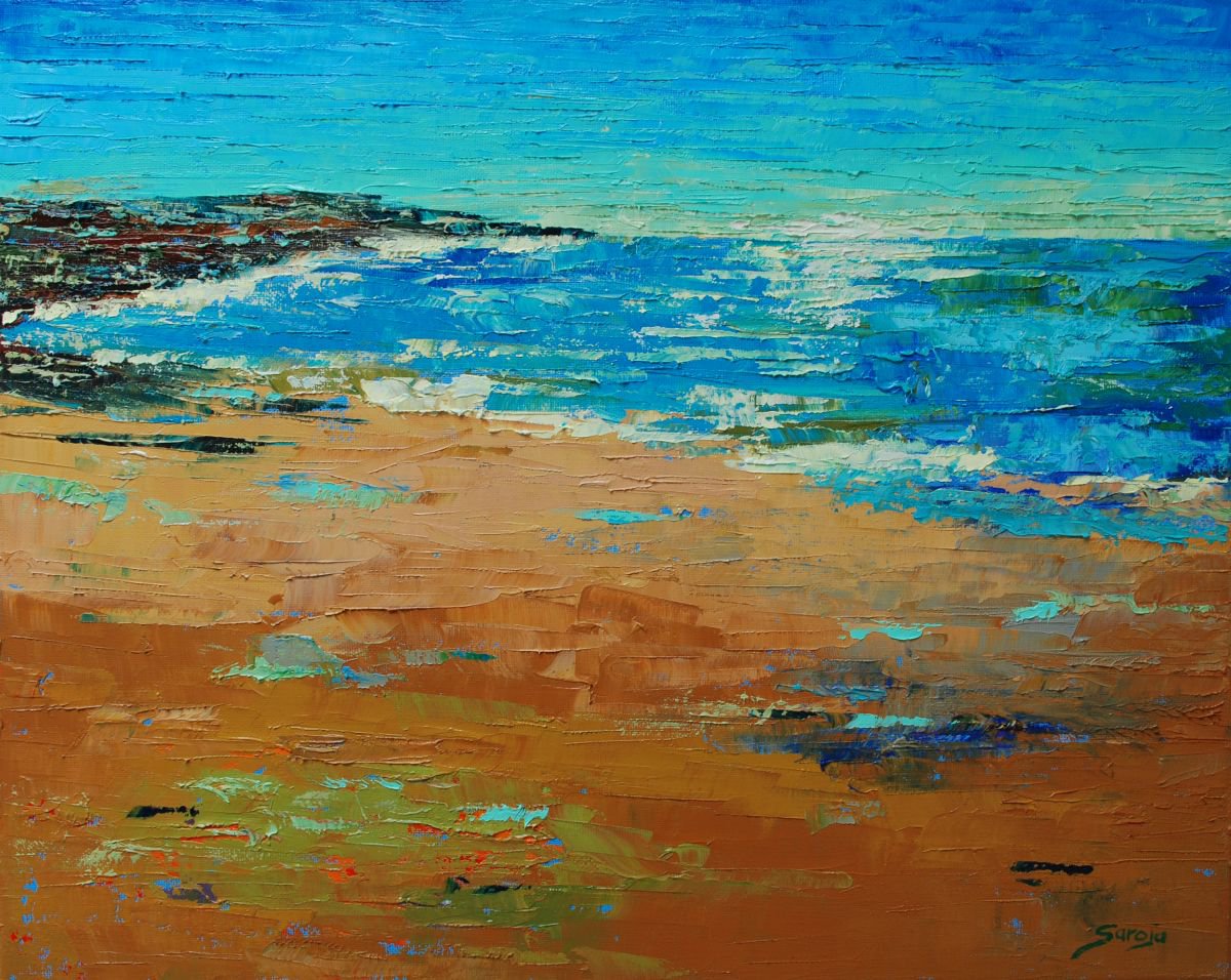 Abstract Landscape Oil Painting By Saroja Van Der Stegen, 21 X 17", Praya Da Isla (Ref#:1249-10P), Original Artwork