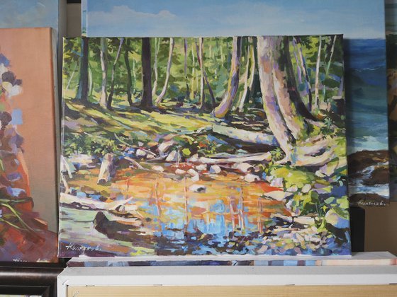 Sunny stream 2, original, one of a kind, acrylic on canvas impressionistic style painting  (14x18'')
