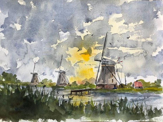 Kinderdijk Windmills on a Blustery evening