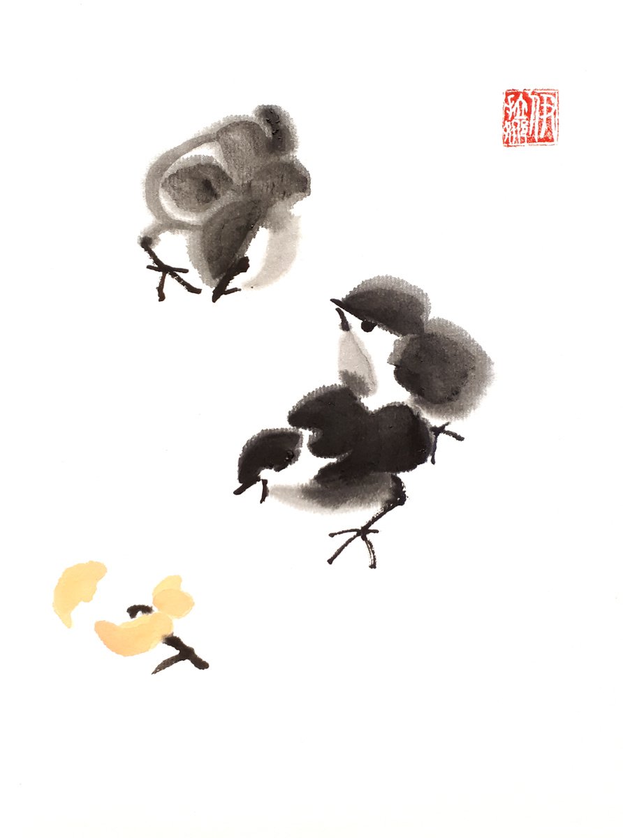 Three chickens pecking the loquat fruit - Oriental Chinese Ink Painting by Ilana Shechter