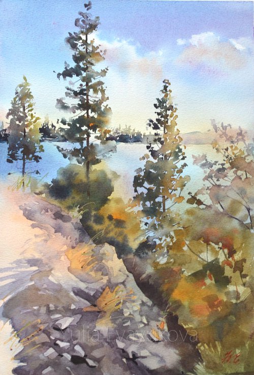 Lake and Pines / Watercolor landscape / Forest / water and sky by Yulia Evsyukova