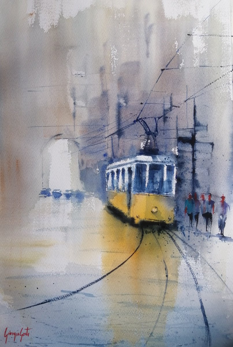 Expressive Cityscapes Watercolour By Giorgio Gosti, 14 X 21, Tram In Milan 26, Original Artwork