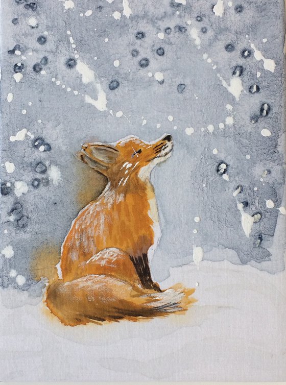 Fox portrait - Animal in the winter forest - Small watercolor on canvas - Framed artwork - Christmas gift idea