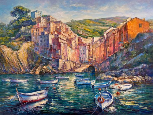 "Riomaggiore"100x75 original large Italian Landscape painting  by Artem Grunyka by Artem Grunyka