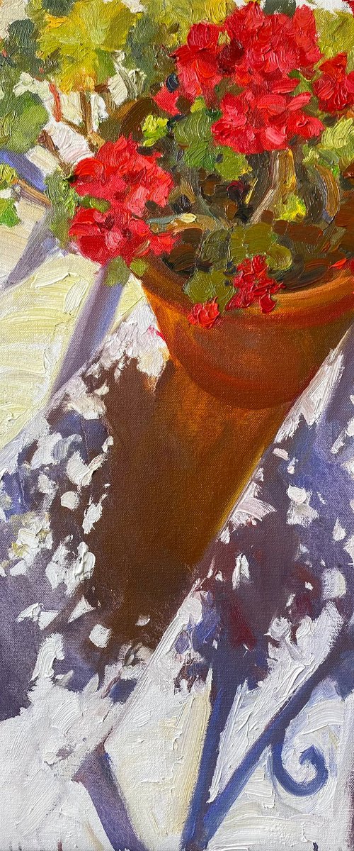 Red Geranium and Shadows by Nataliia Nosyk